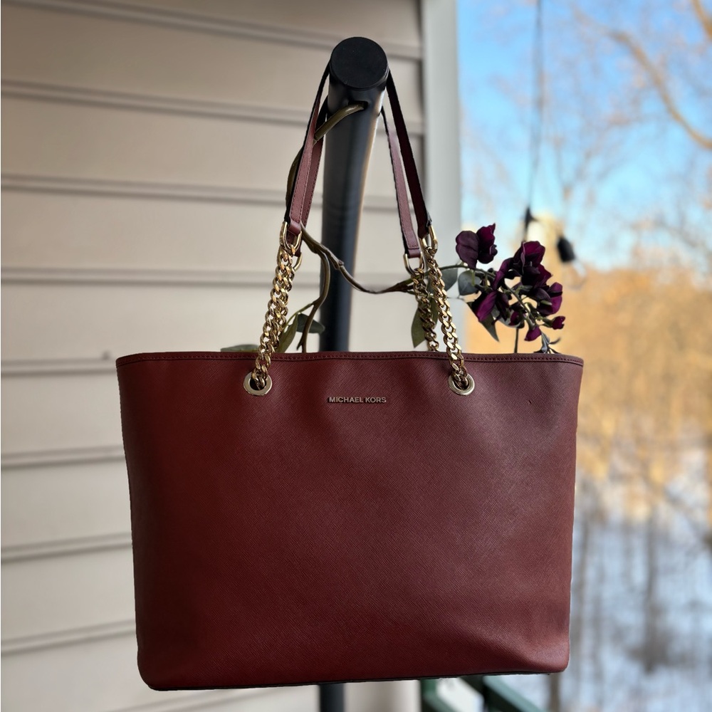 Michael Kors Deep Red Tote with Gold Chain Handles | Like New Condition